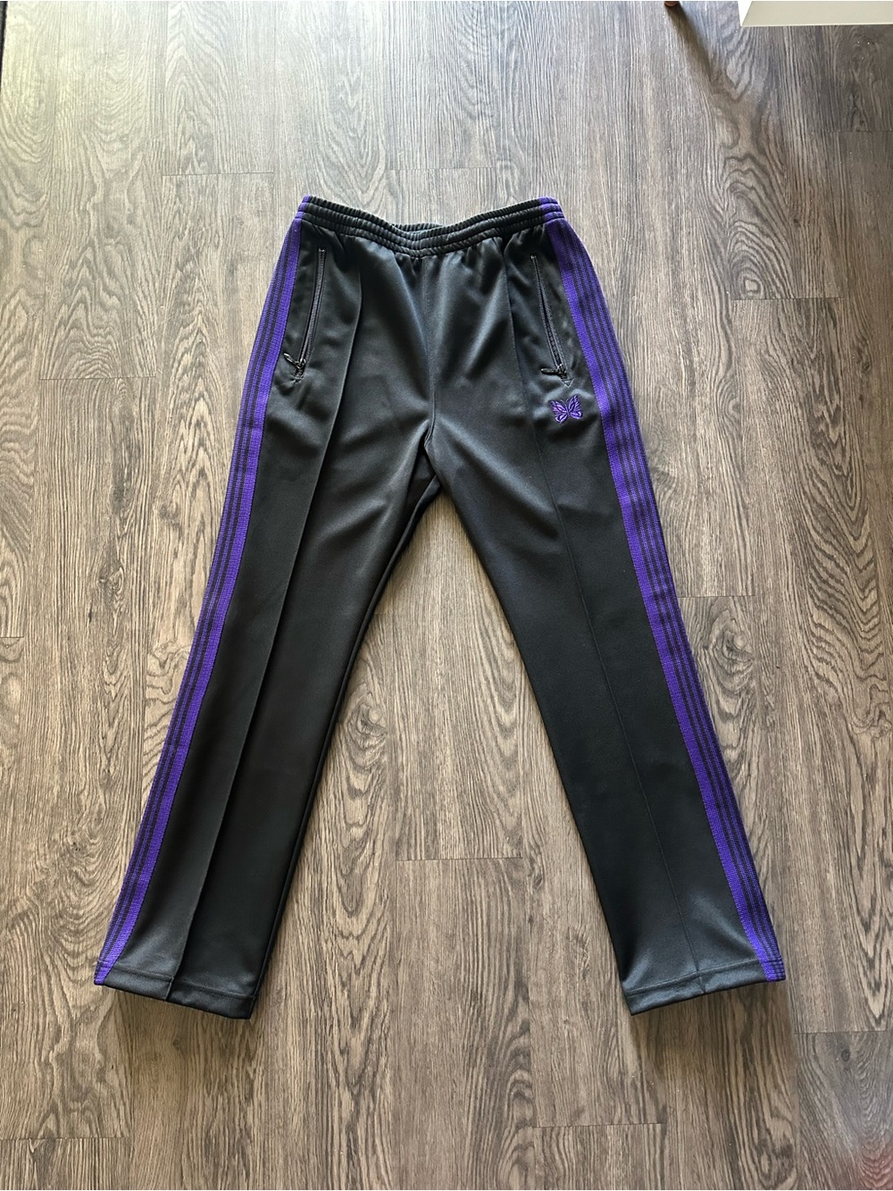 Needles Black Track Pants with Purple Side Stripes
